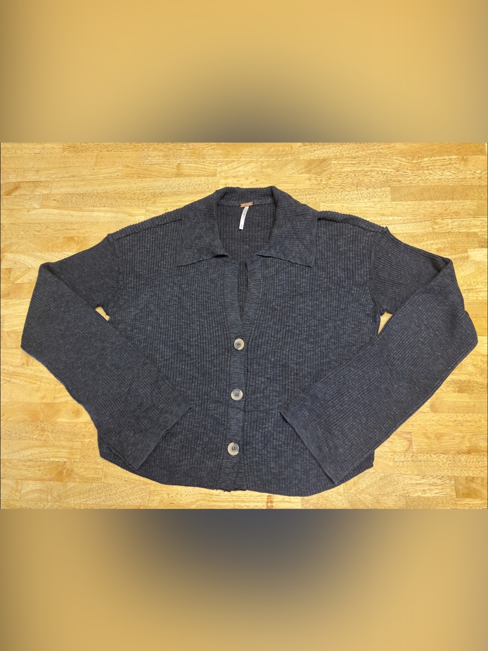 Free People Charcoal Grey Ribbed Collared Cardigan Sweater Button Front M Medium